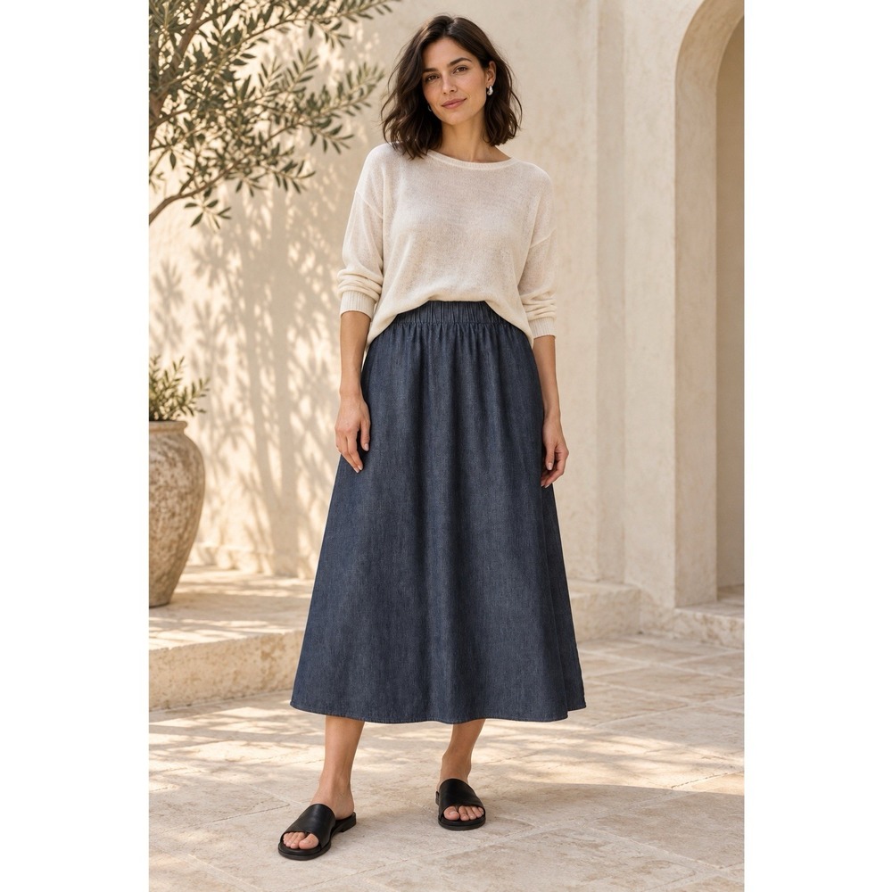 Eileen Fisher Organic Cotton Twill Midi Skirt S Blue Coastal Chambray Pockets